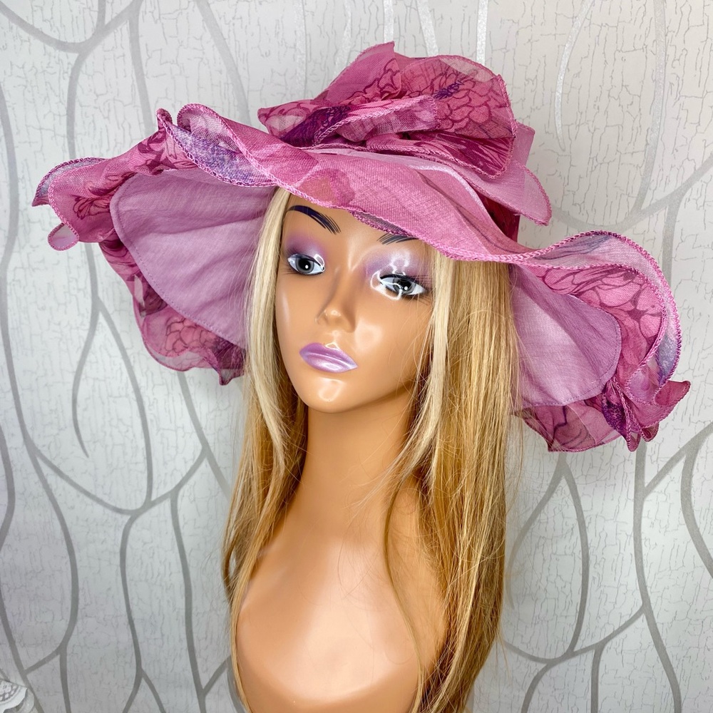 🎀🌷 Mauve Pink Floral Elegant Ruffle Trim Sun Hat 🌷🎀 NWT - Picture 3 of 15